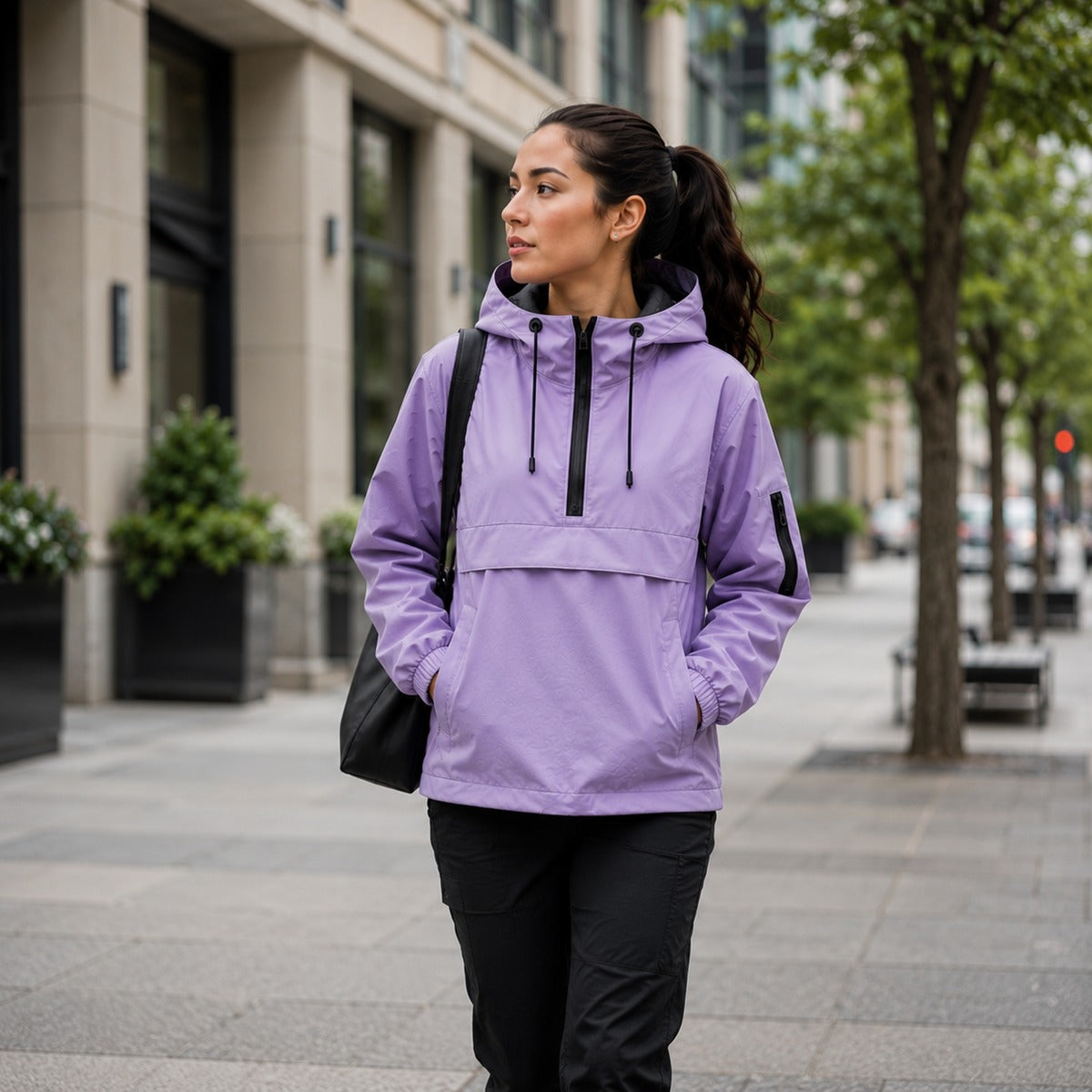 Lila anorak in de stad | Boutique Moda