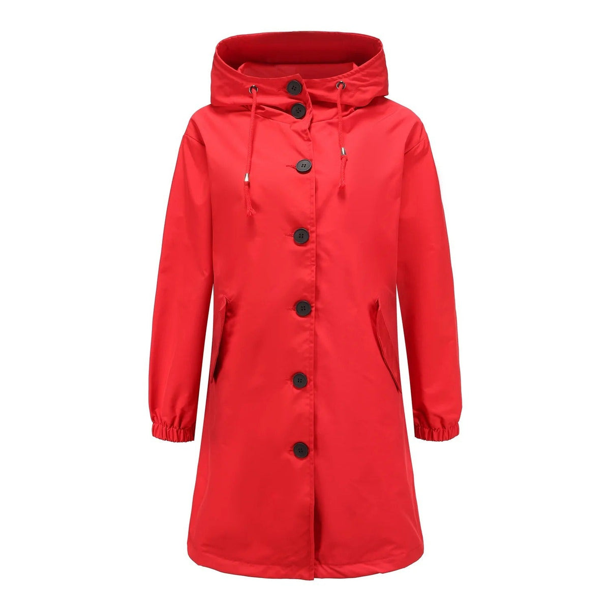 Rode waterdichte regenjas met capuchon en knoopsluiting | Boutique Moda