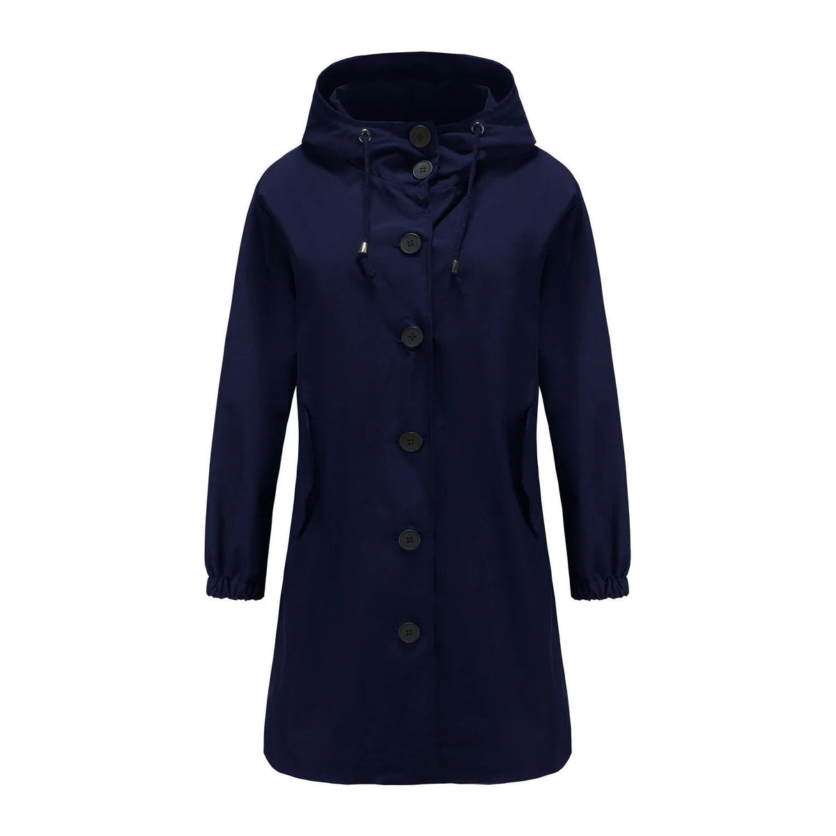 Marineblauwe waterdichte regenjas met capuchon en knoopsluiting | Boutique Moda