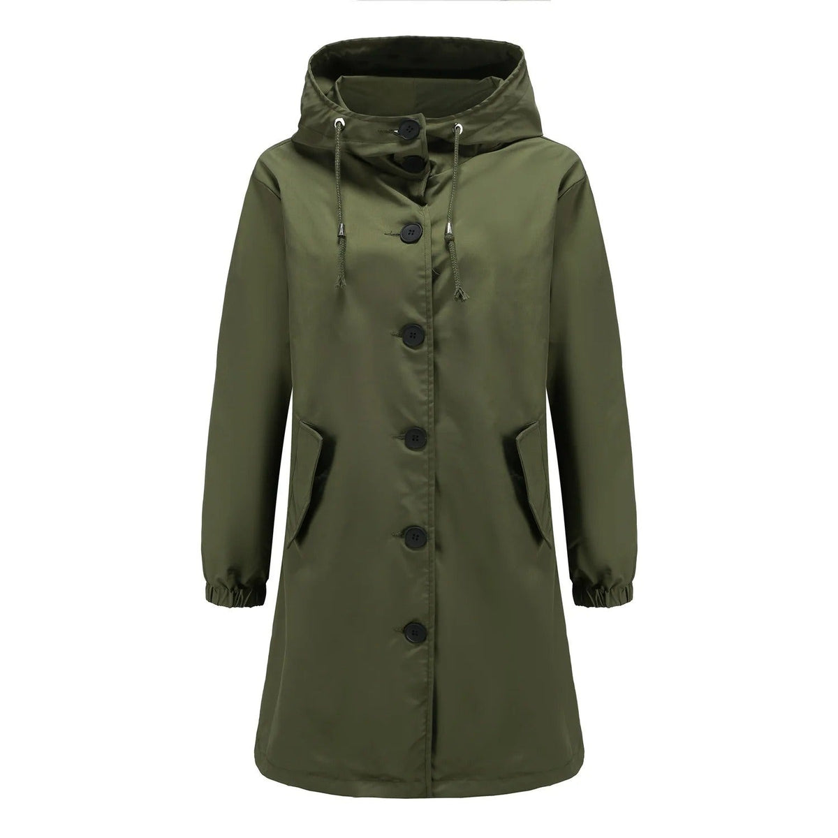 Olijfgroene waterdichte regenjas met capuchon en knoopsluiting | Boutique Moda