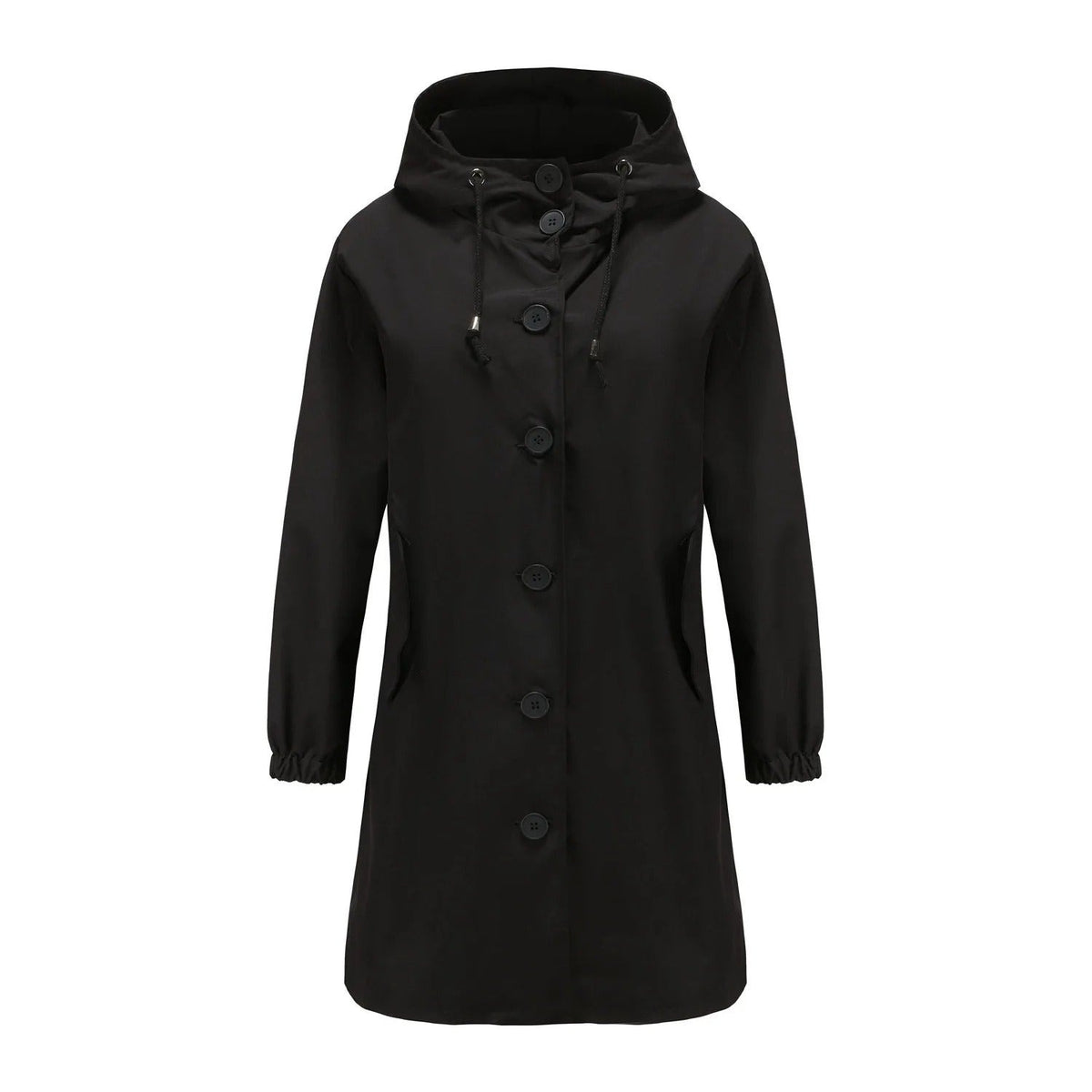 Zwarte waterdichte regenjas met capuchon en knoopsluiting | Boutique Moda