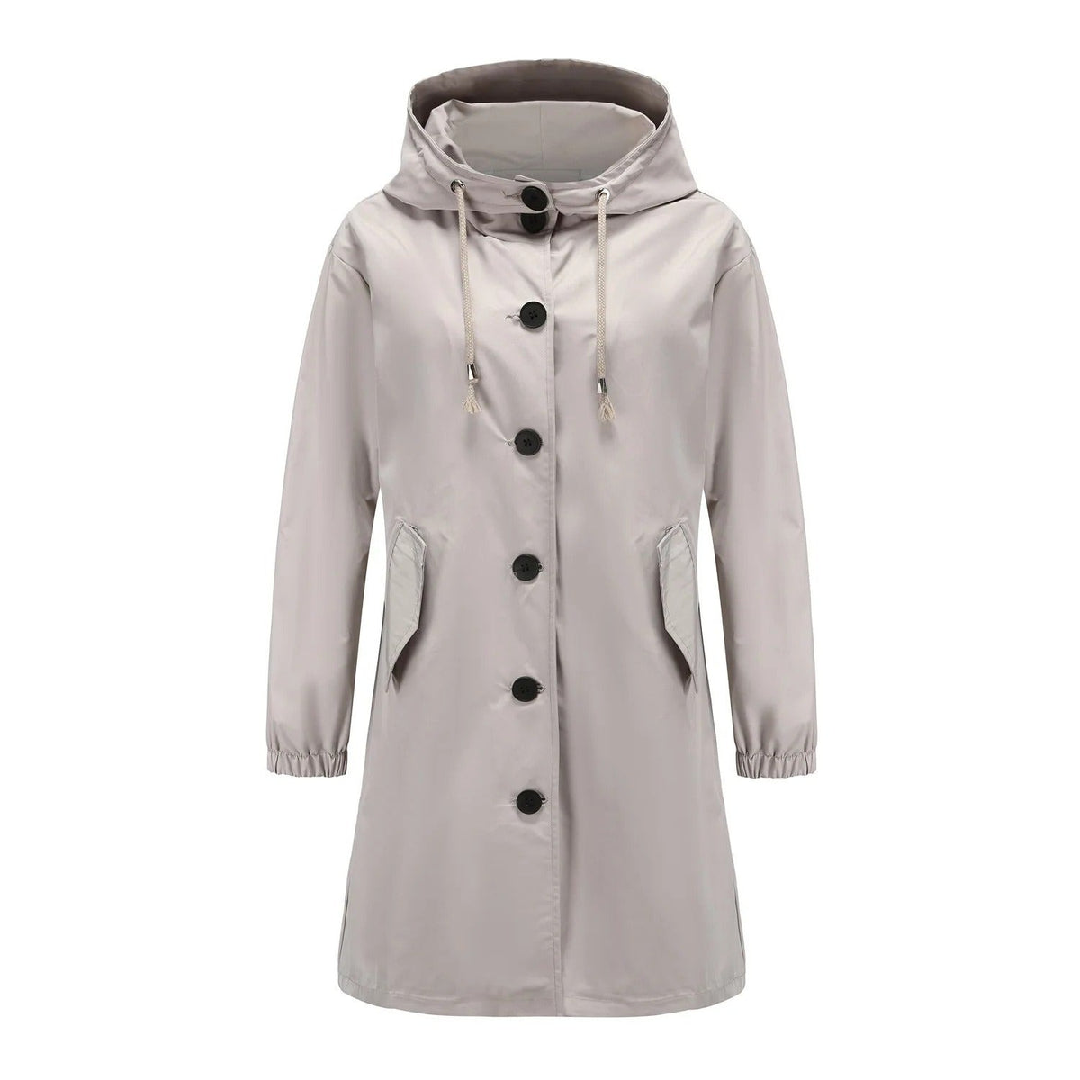 Lichtgrijze waterdichte regenjas met capuchon en knoopsluiting | Boutique Moda