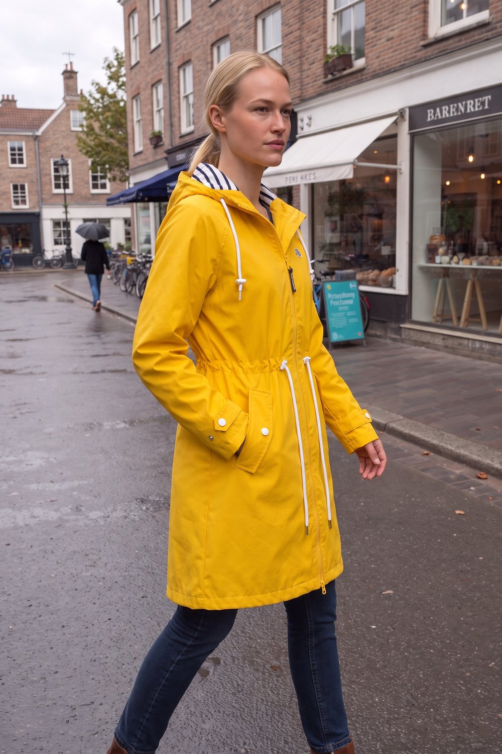 Vrouw in een gele parka met capuchon op straat