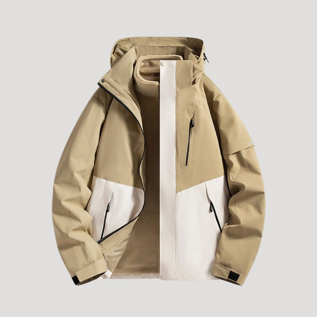 Outdoorjas in beige, waterdicht, met capuchon, tweekleurige panelen en ritszakken | Boutique Moda