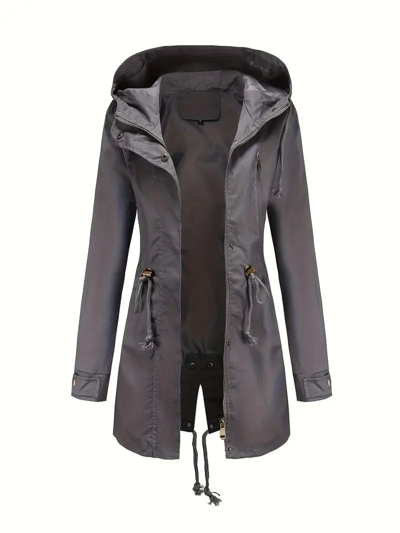 Donkergrijze waterdichte parka, open, met capuchon en trekkoord in de taille | Boutique Moda