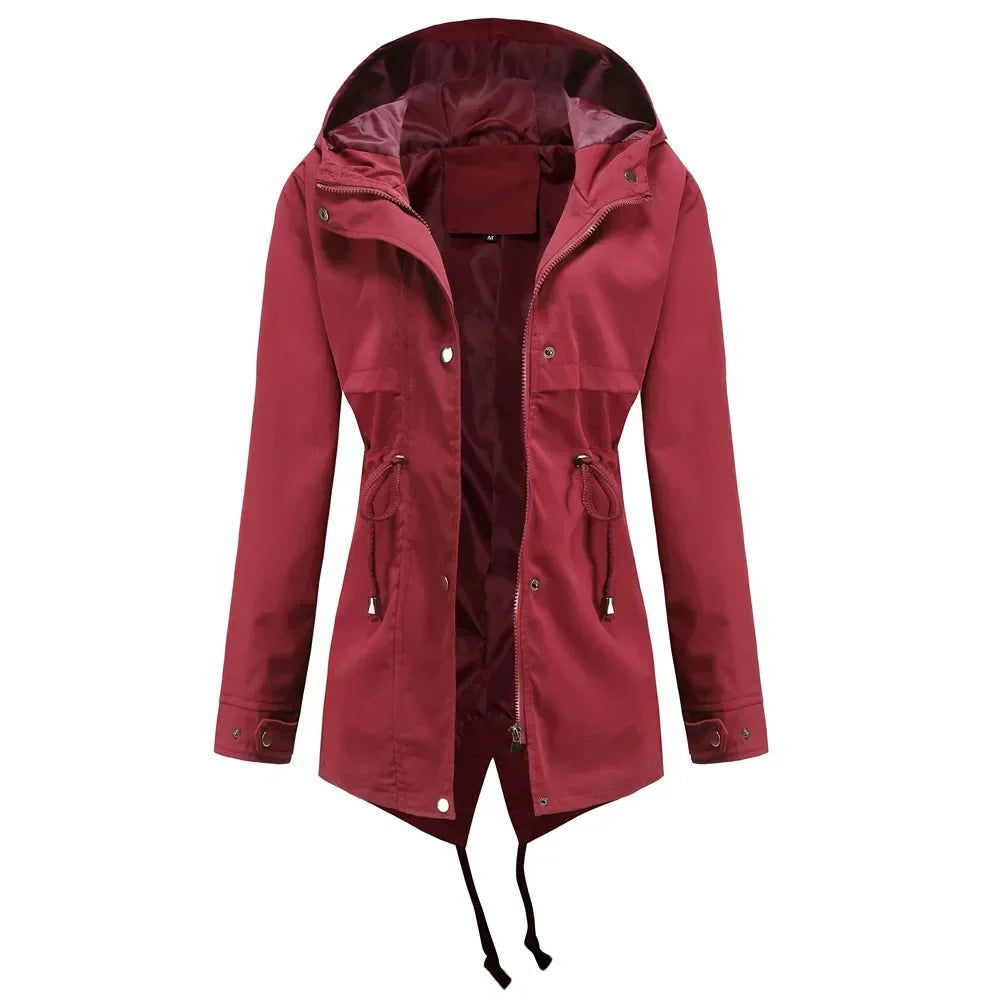 Wijnrode regenjas met capuchon, open | Boutique Moda