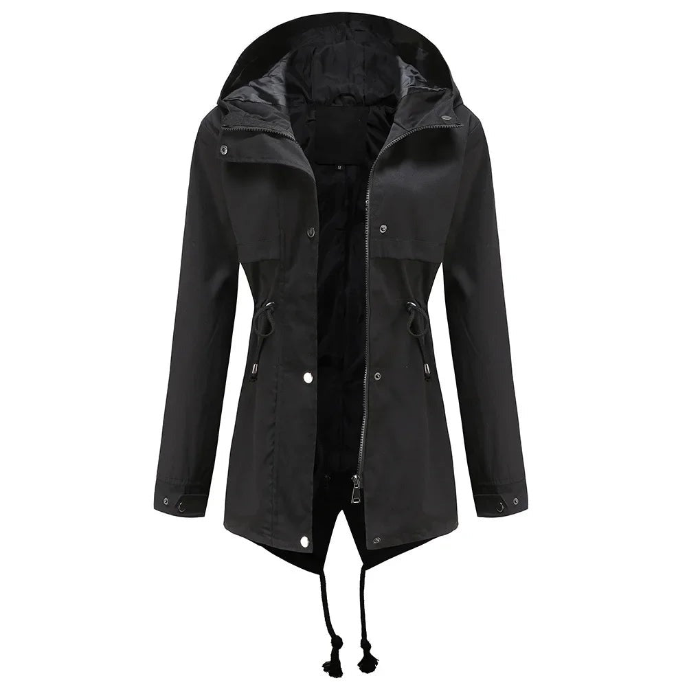 Zwarte regenjas met capuchon, open | Boutique Moda
