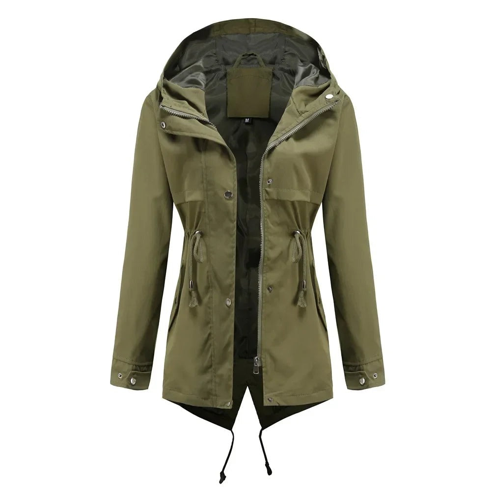 Olijfgroene regenjas met capuchon, open | Boutique Moda