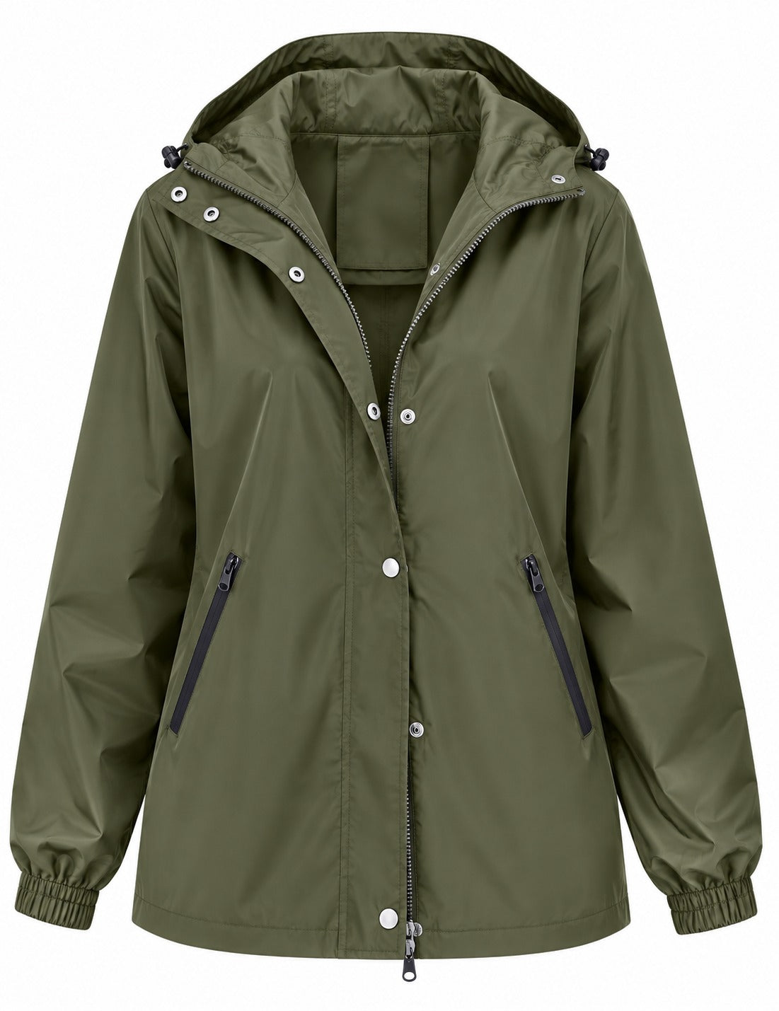 Regenjas in legergroen met capuchon, rits en drukknopen | Boutique Moda
