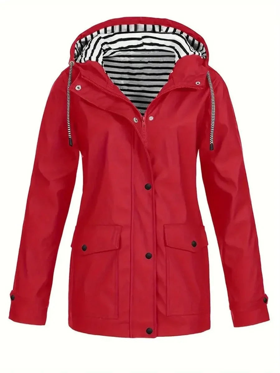 Regenjas in rood met capuchon en gestreepte voering | Boutique Moda
