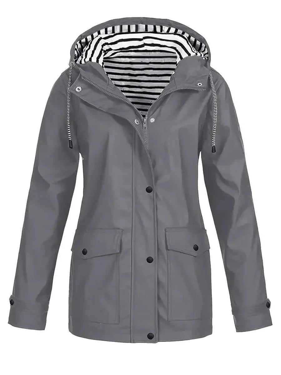 Regenjas in grijs met capuchon en gestreepte voering | Boutique Moda