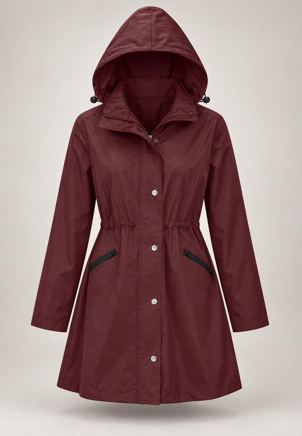 Bordeaux waterdichte parka met capuchon, trekkoord in de taille en zakken met rits | Boutique Moda
