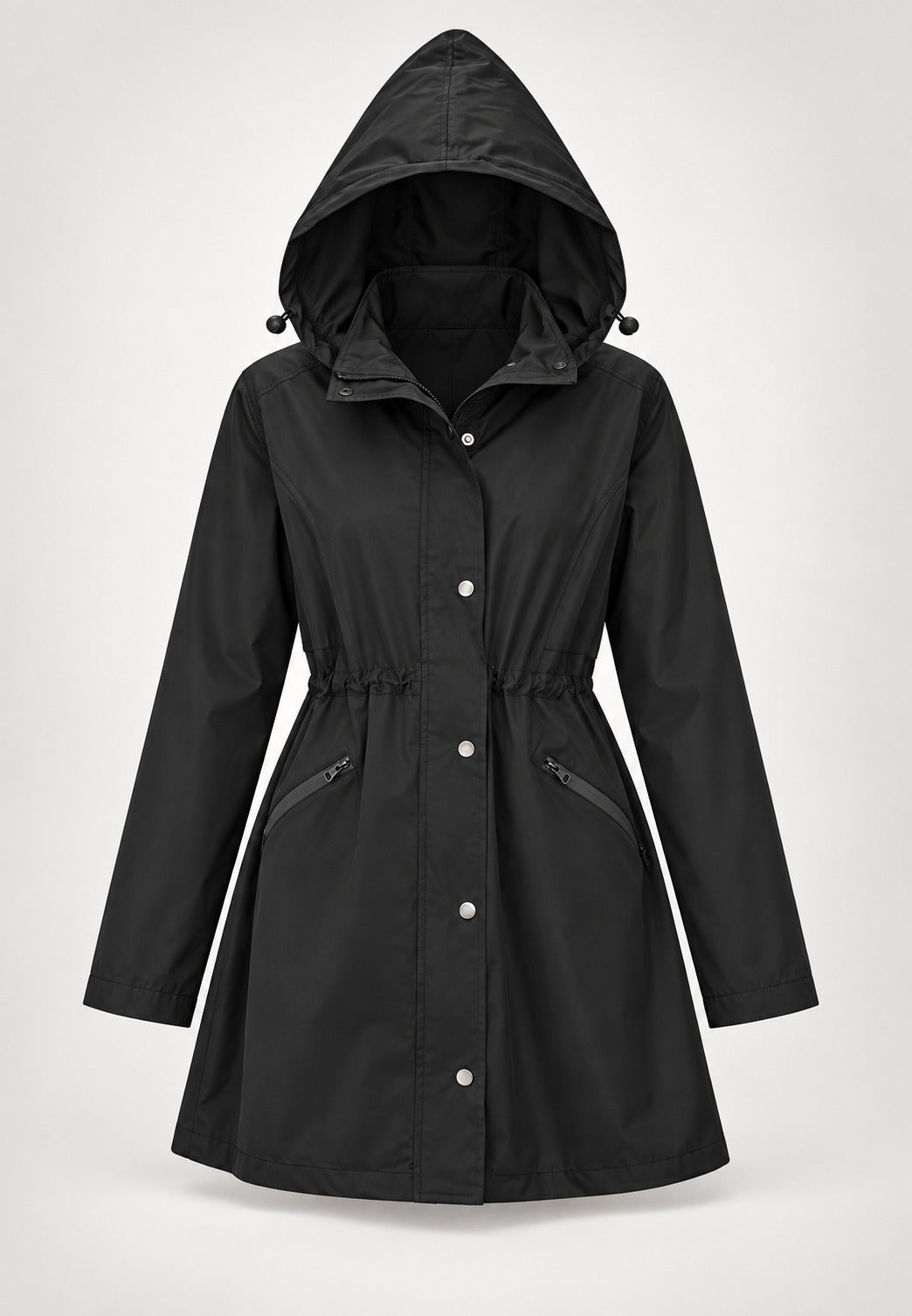 Zwarte waterdichte parka met capuchon, trekkoord in de taille en zakken met rits | Boutique Moda