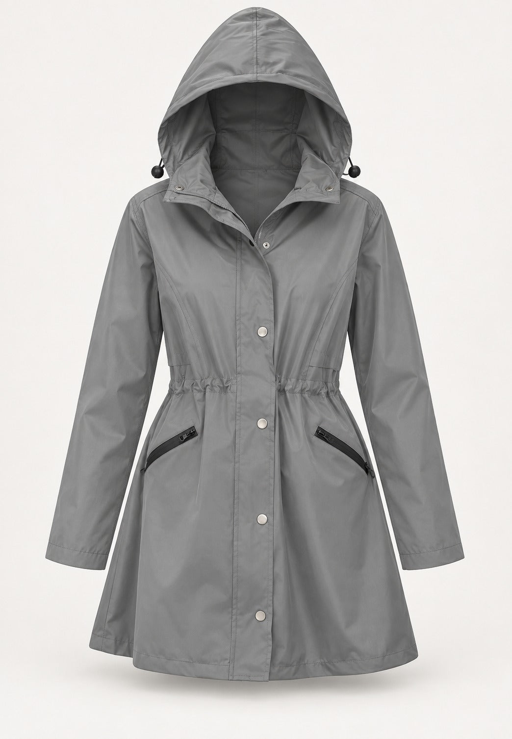 Grijze waterdichte parka met capuchon, trekkoord in de taille en zakken met rits | Boutique Moda