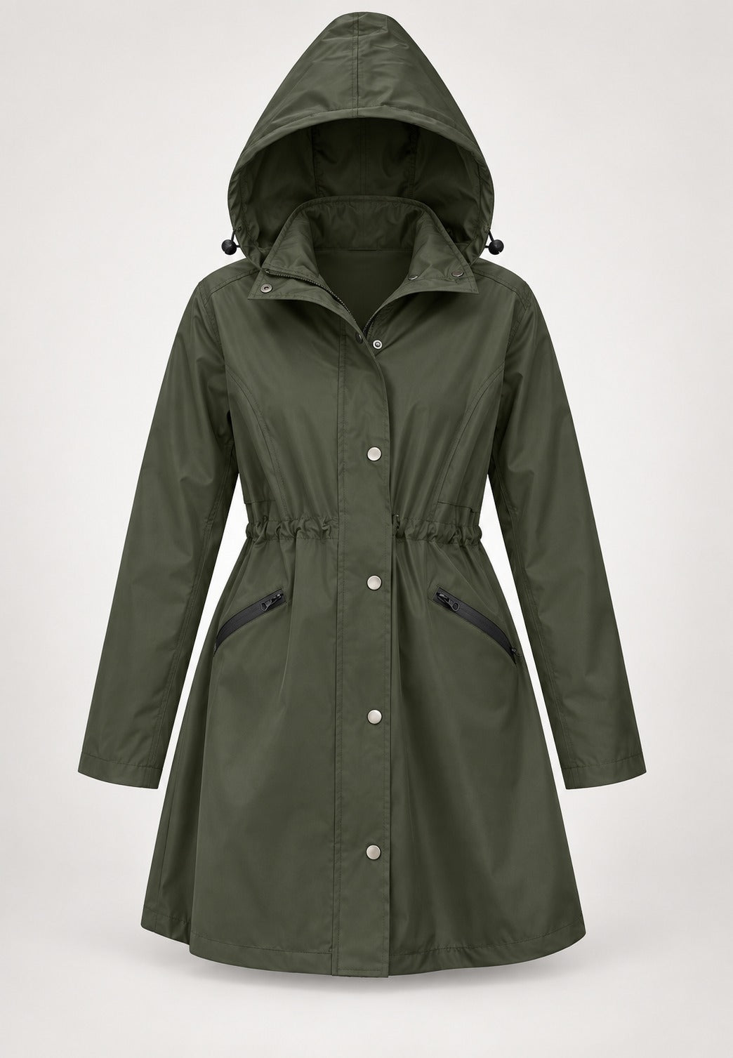 Olijfgroene waterdichte parka met capuchon, trekkoord in de taille en zakken met rits | Boutique Moda