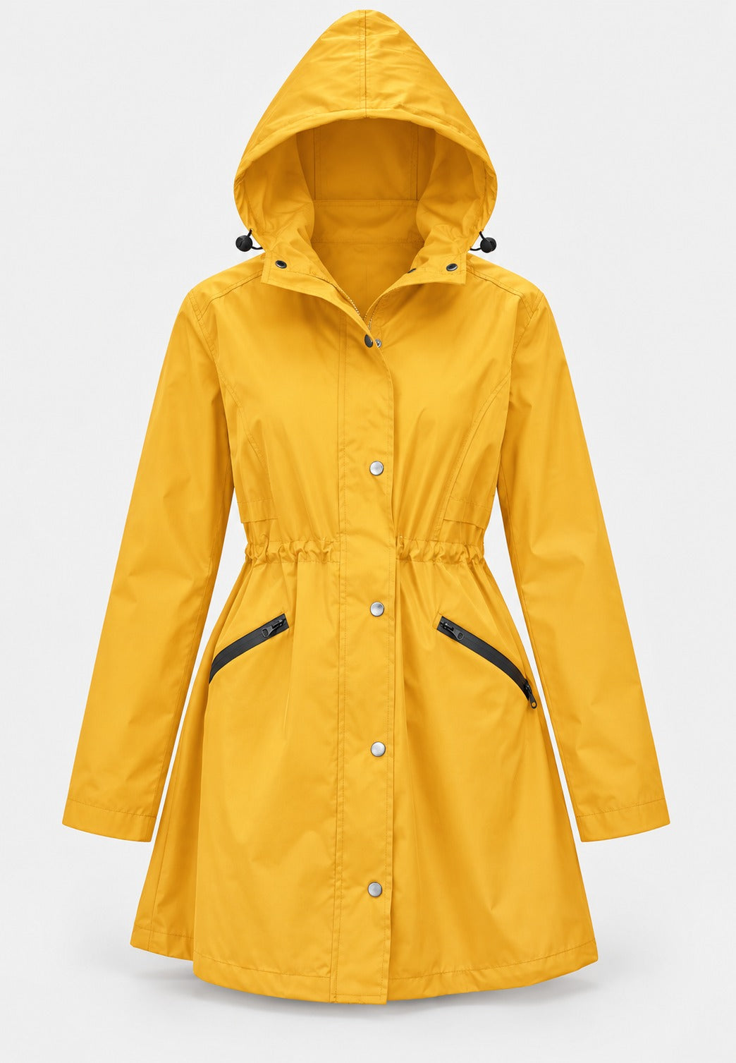 Gele waterdichte parka met capuchon, trekkoord in de taille en zakken met rits | Boutique Moda
