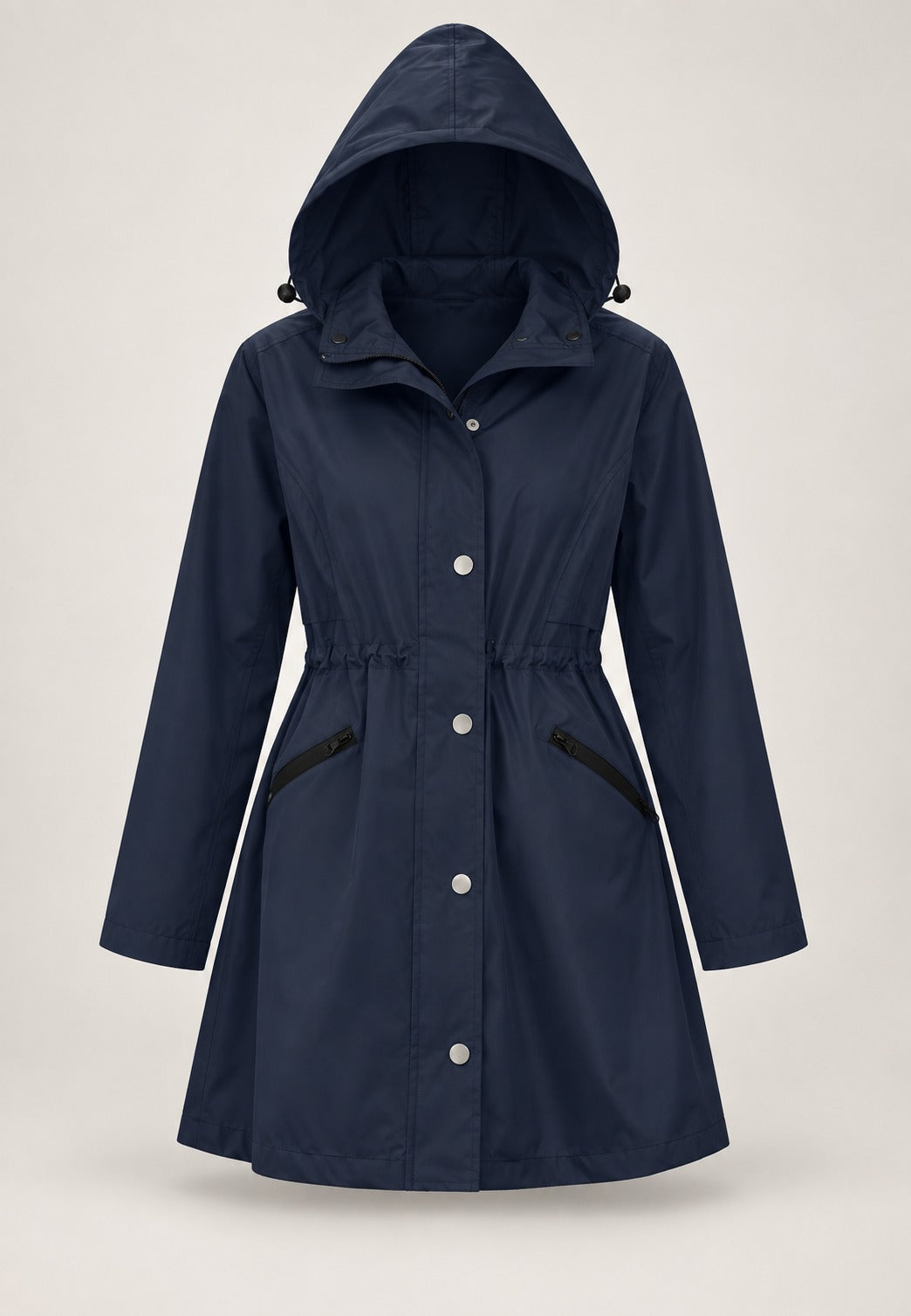 Marineblauwe waterdichte parka met capuchon, trekkoord in de taille en zakken met rits | Boutique Moda