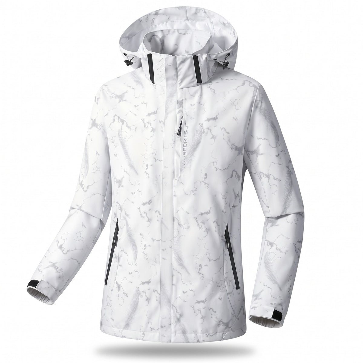 Waterdichte sportjas in wit marmer met capuchon en ritszakken | Boutique Moda