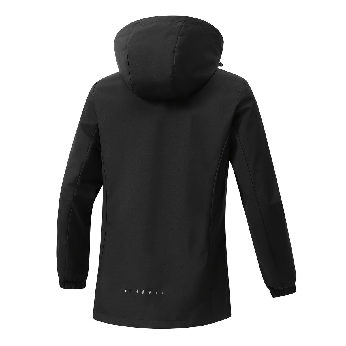 Achterkant van de zwarte jas met capuchon | Boutique Moda