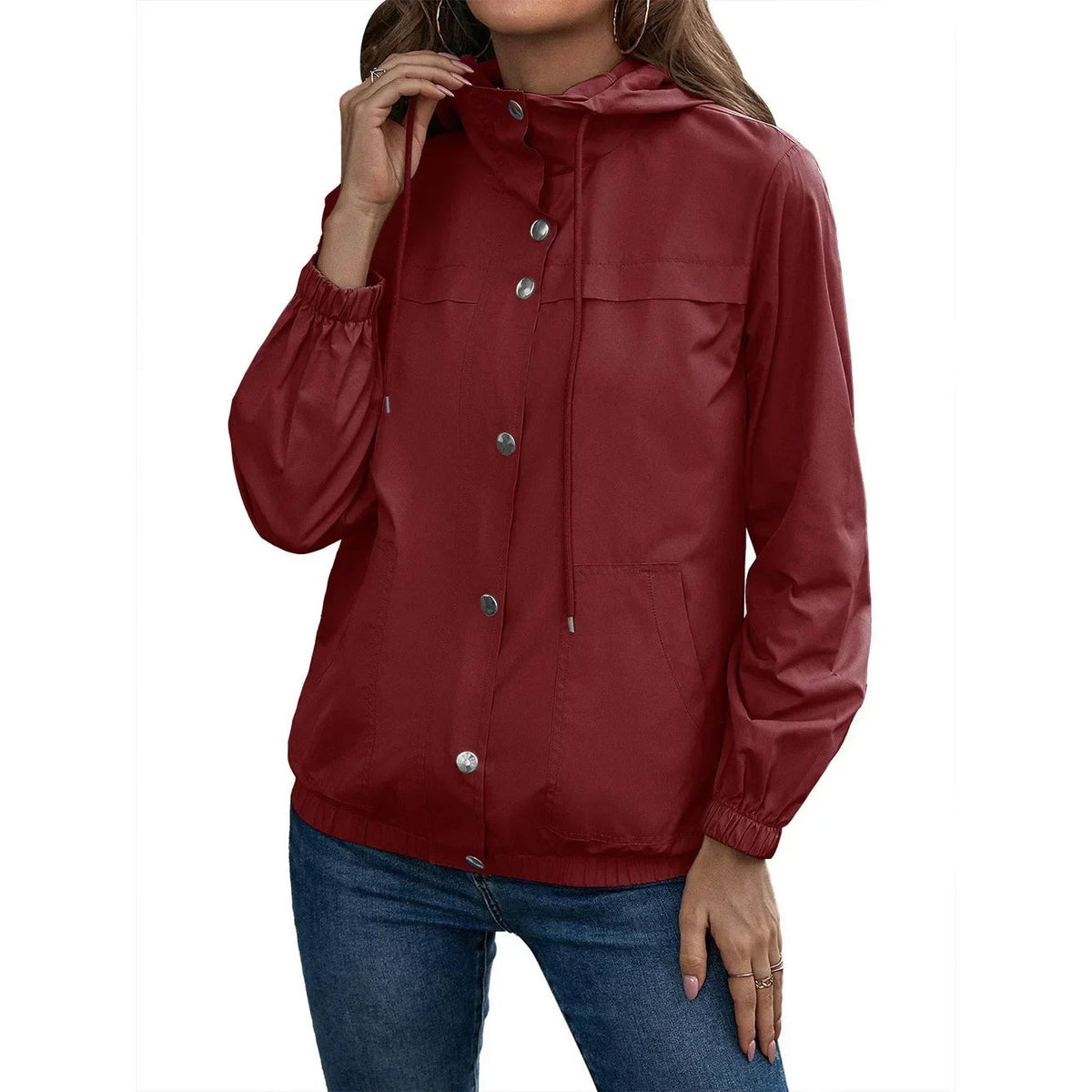 Bordeaux windjack met capuchon, drukknopen en elastische manchetten | Boutique Moda