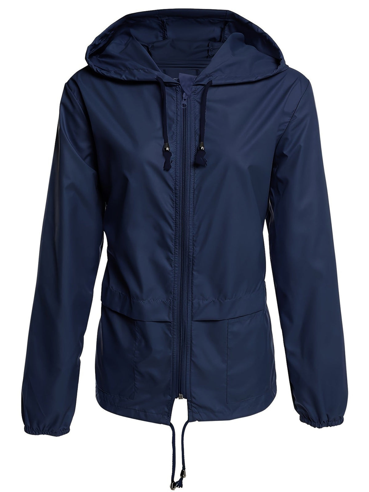 Windjack in marineblauw met capuchon en koord aan de zoom | Boutique Moda