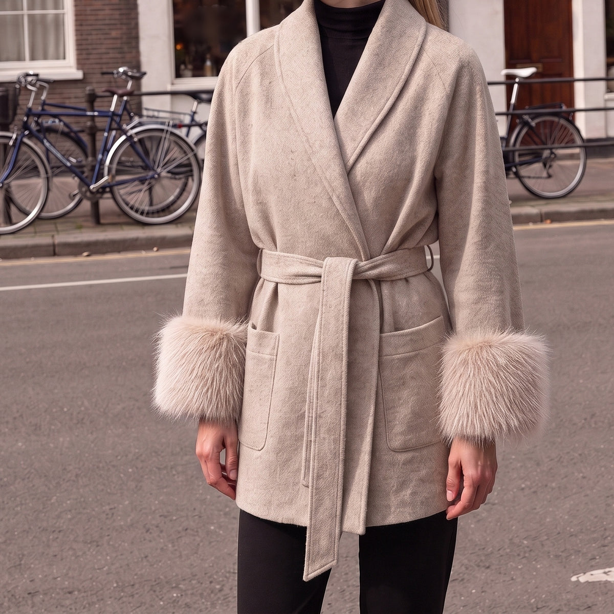 Wikkeljas in beige met nepbont manchetten en strikceintuur | Boutique Moda