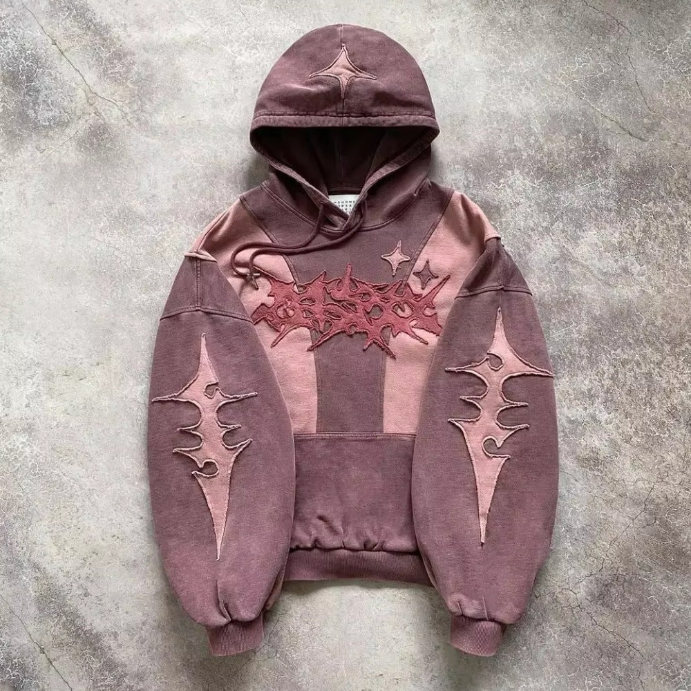 Roze tweekleurige patchworkhoodie, plat neergelegd, voorkant | Boutique Moda