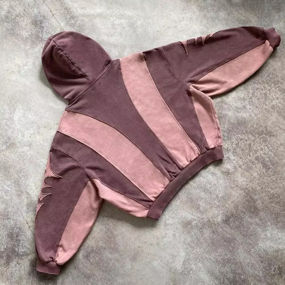 Roze tweekleurige patchworkhoodie, plat neergelegd, achterkant | Boutique Moda