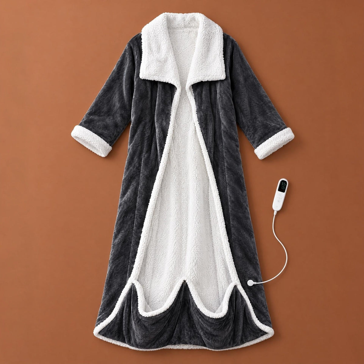 Grijze verwarmde badjas met witte sherpa kraag, plat liggend met bediening | Boutique Moda