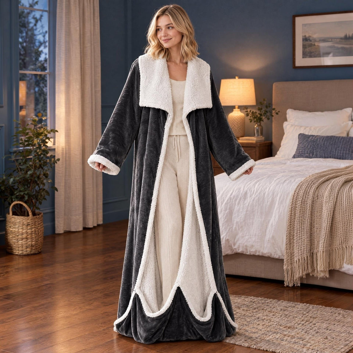 Vrouw draagt lange grijze badjas met wit sherpa contrast in slaapkamer | Boutique Moda