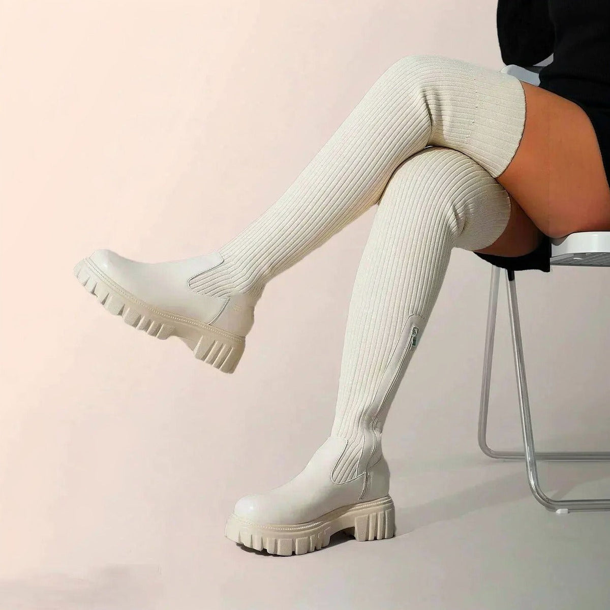 Sock Boots Dames | Overknee | Gebreid | Rits | Plateauzool