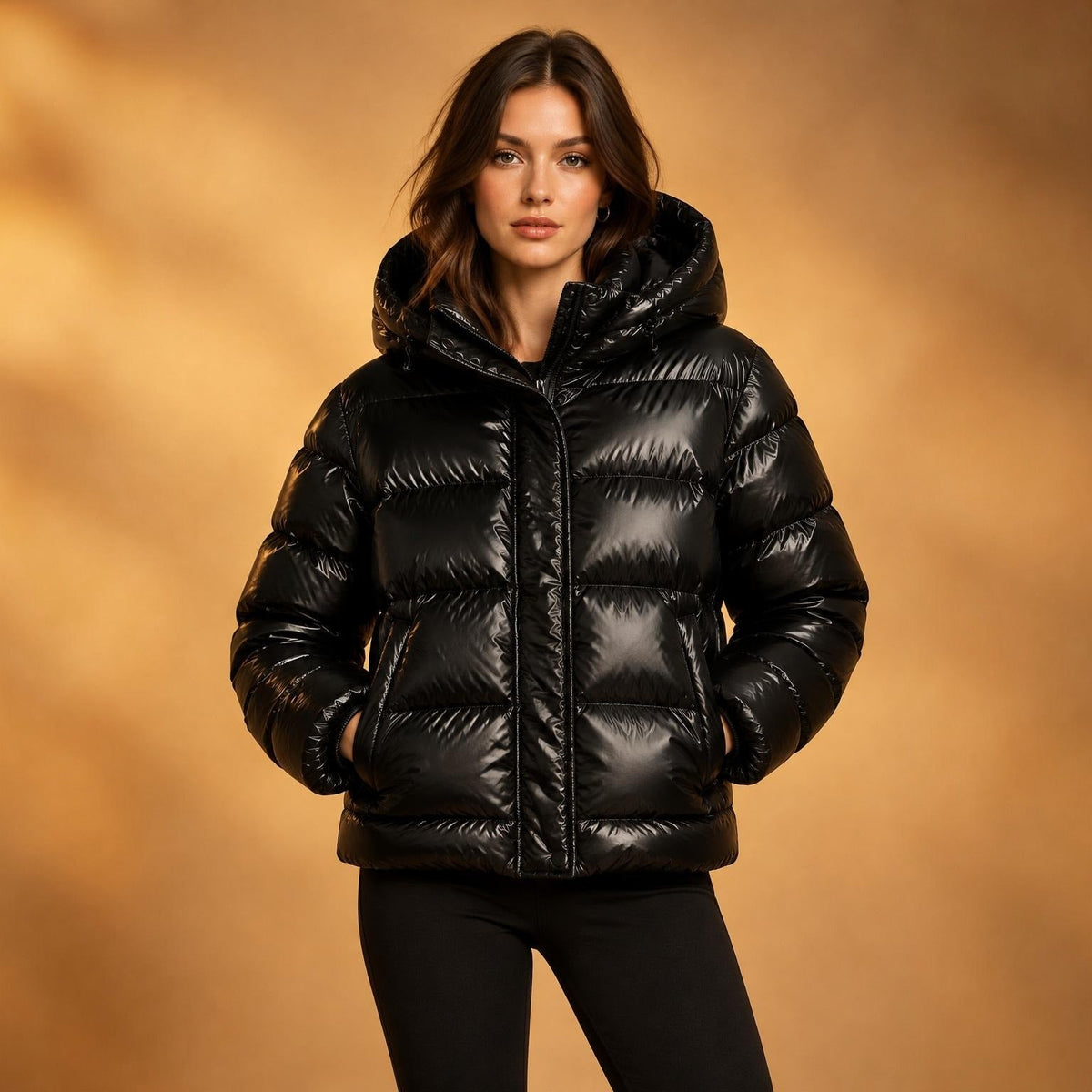 Glanzende zwarte pufferjas met capuchon, gedragen door een vrouw | Boutique Moda