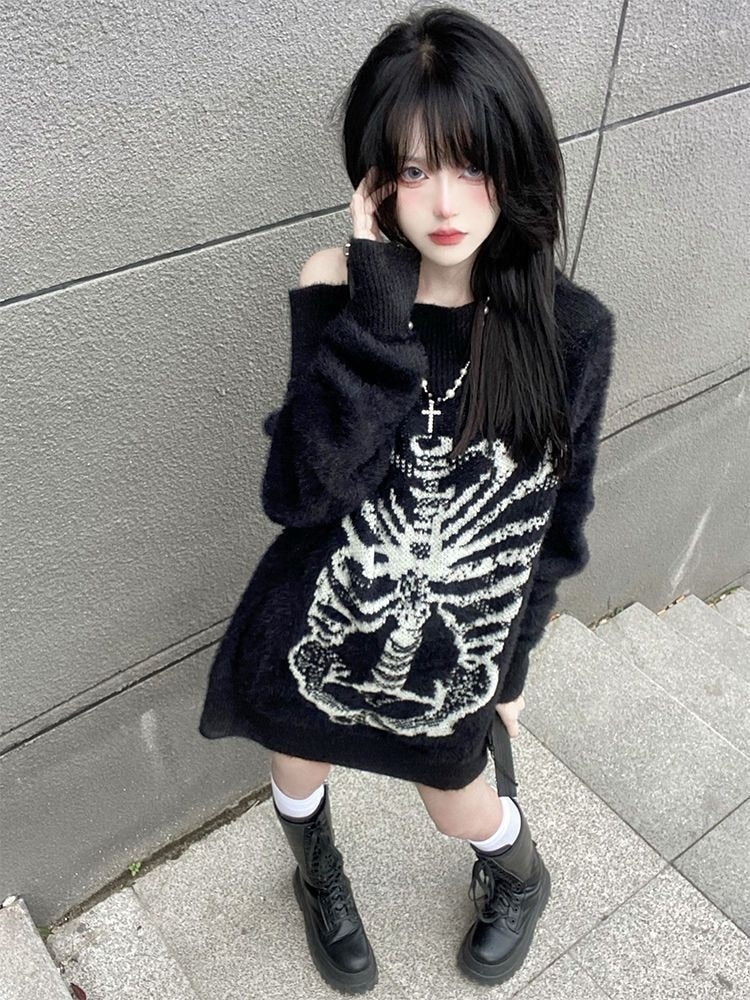 Zwarte oversized skelet trui, volledige lengte
