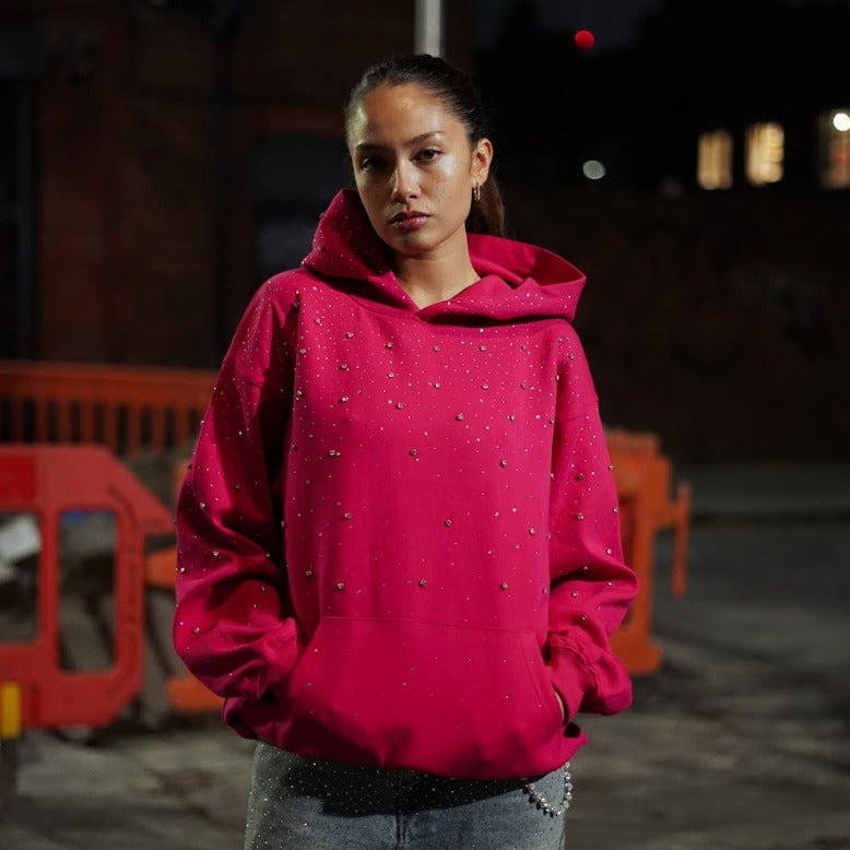 Fuchsia oversized hoodie met strass en kangoeroezak