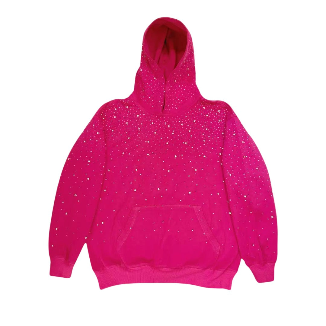 Fuchsia oversized hoodie met strass, vooraanzicht