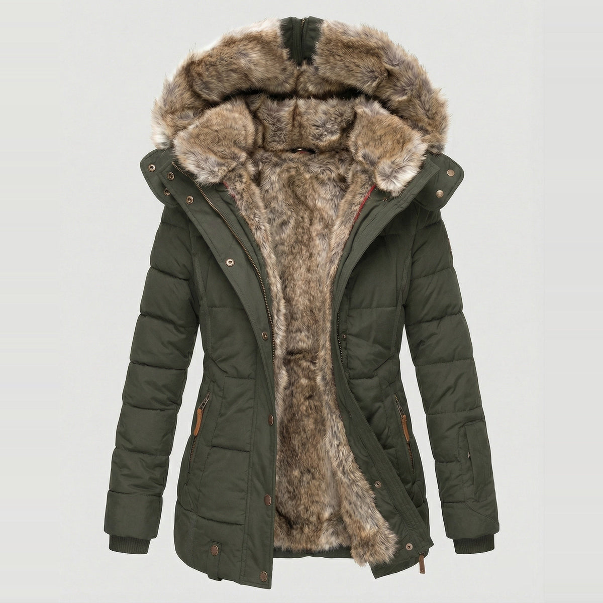 Groene winterparka met imitatiebont voering en capuchon, uitgestald zonder model | Boutique Moda