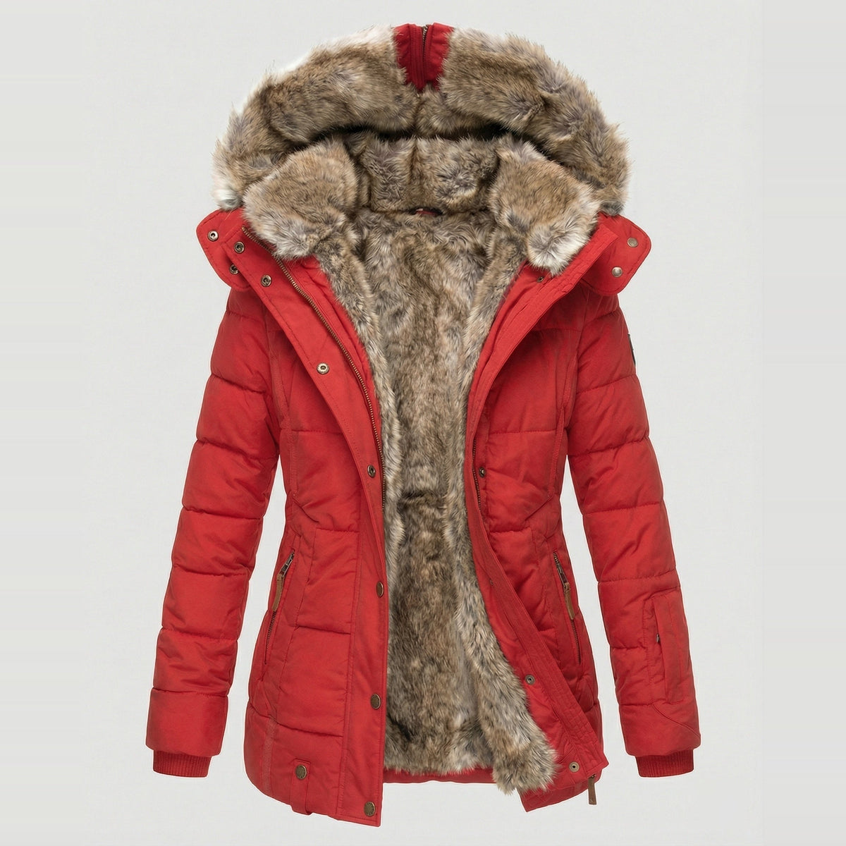 Rode winterparka met imitatiebont voering en capuchon, uitgespreid getoond | Boutique Moda