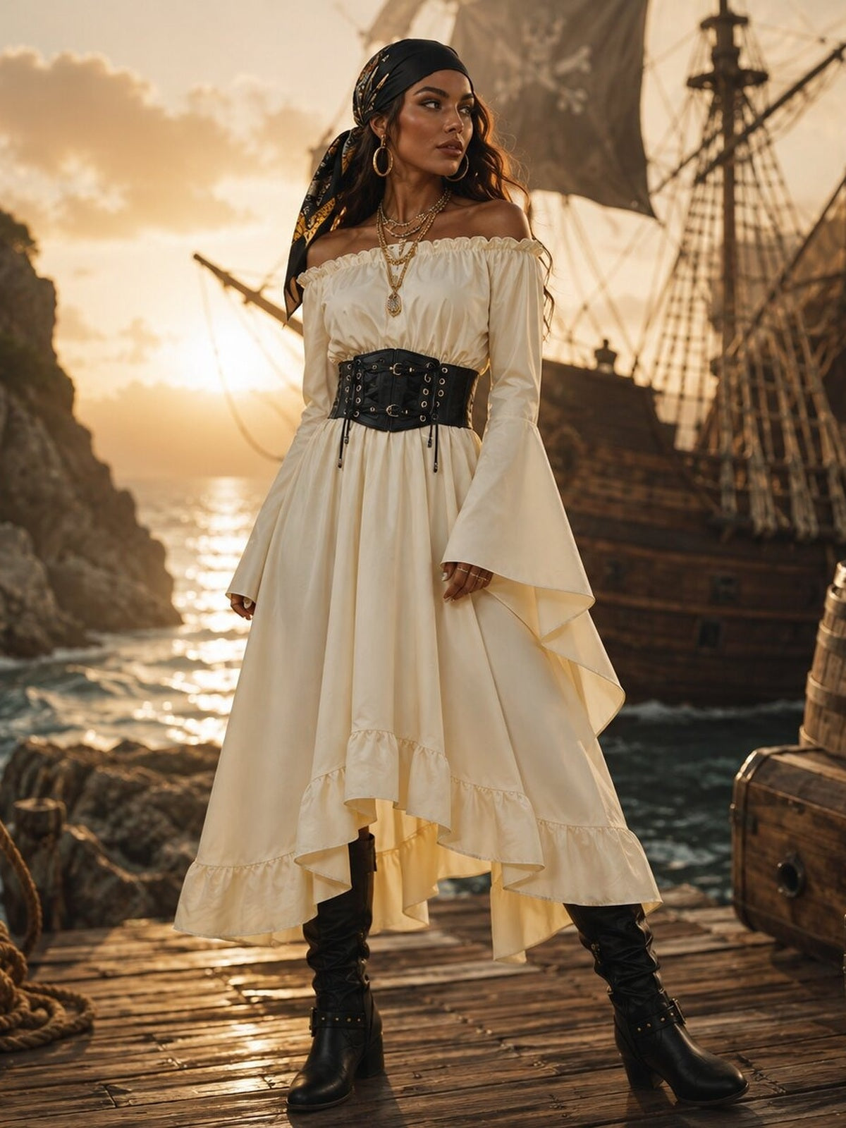 Piratenkostuum met off-shoulder hals en klokmouwen