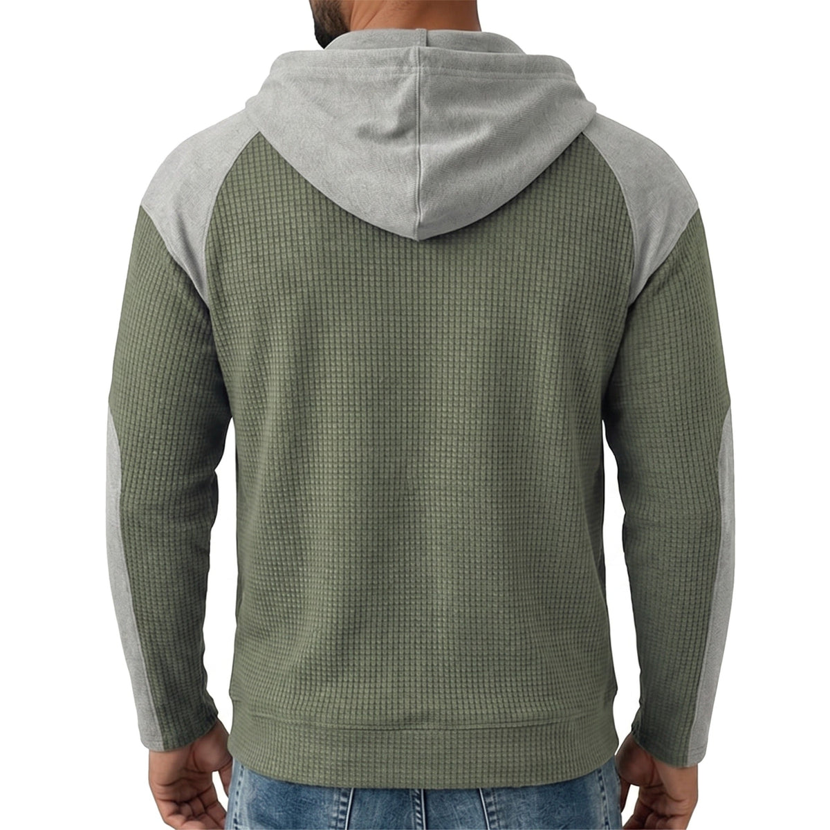 Groene hoodie met grijze raglanmouwen en capuchon, achteraanzicht, gedragen door man | Boutique Moda