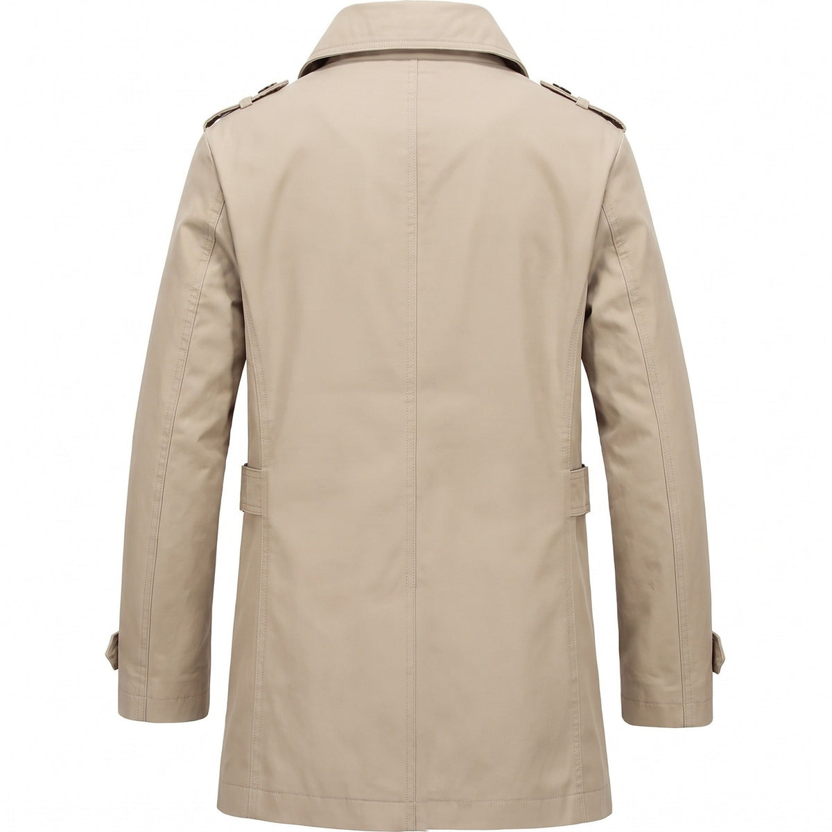 Beige trenchcoat met epauletten en reverskraag, achteraanzicht op paspop | Boutique Moda