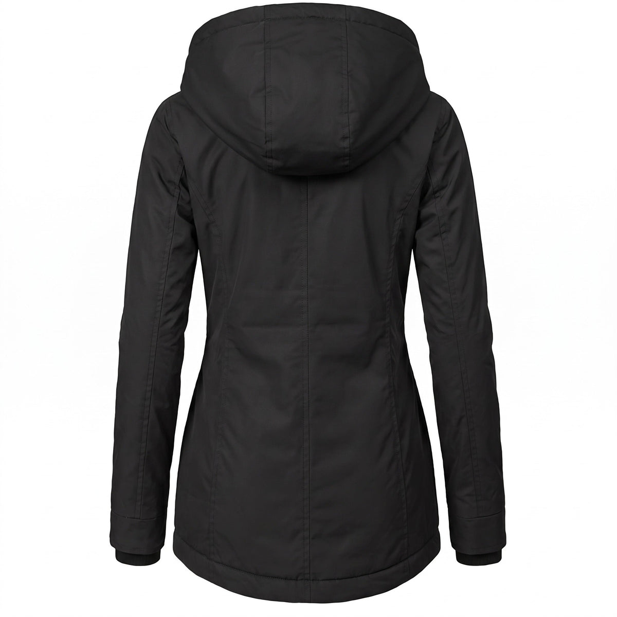 Zwarte winterjas met capuchon, achteraanzicht, gedragen door een model | Boutique Moda