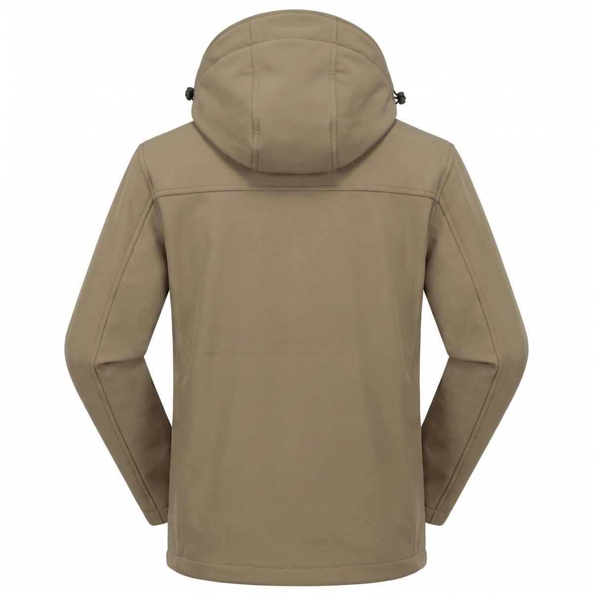 Effen beige softshell jas met capuchon, achteraanzicht, gedragen door een persoon | Boutique Moda