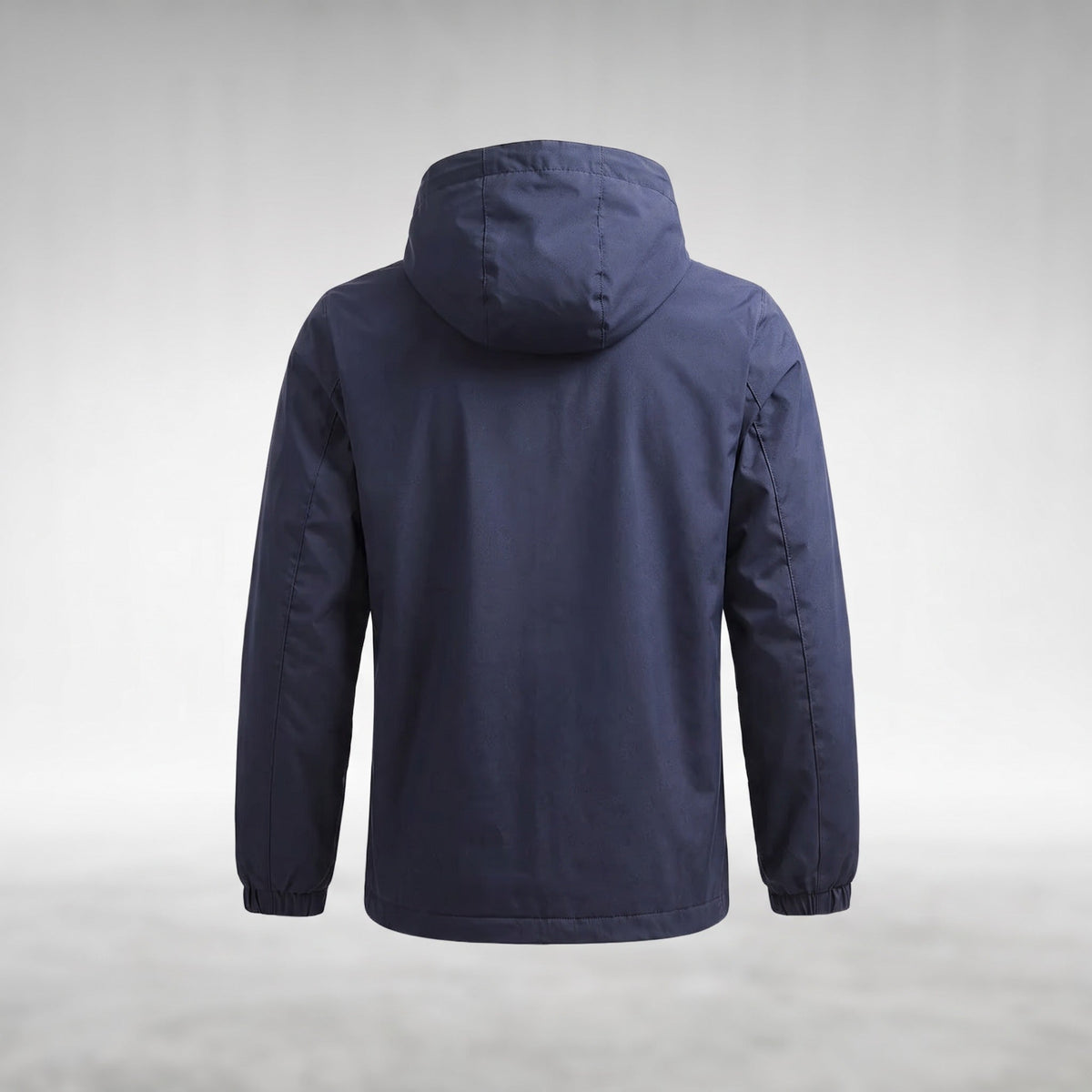 Donkerblauwe regenjas met capuchon, achteraanzicht, op onzichtbare mannequin getoond | Boutique Moda