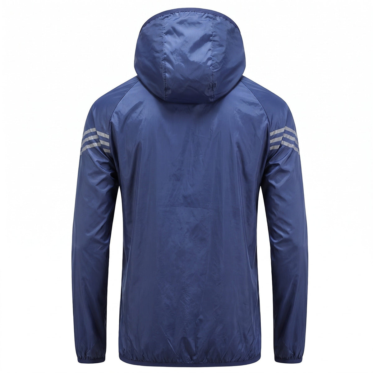 Blauwe hardloopjas met capuchon en reflecterende strepen, gedragen door een persoon | Boutique Moda