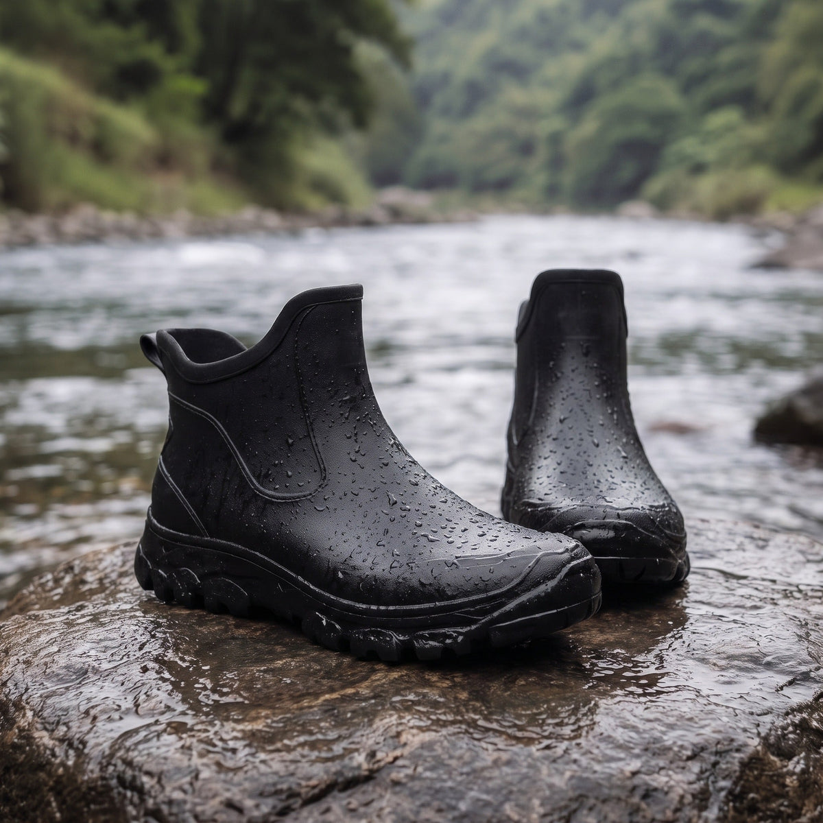 Zwarte regenlaarzen met profielzool op natte rots bij rivier | Boutique Moda