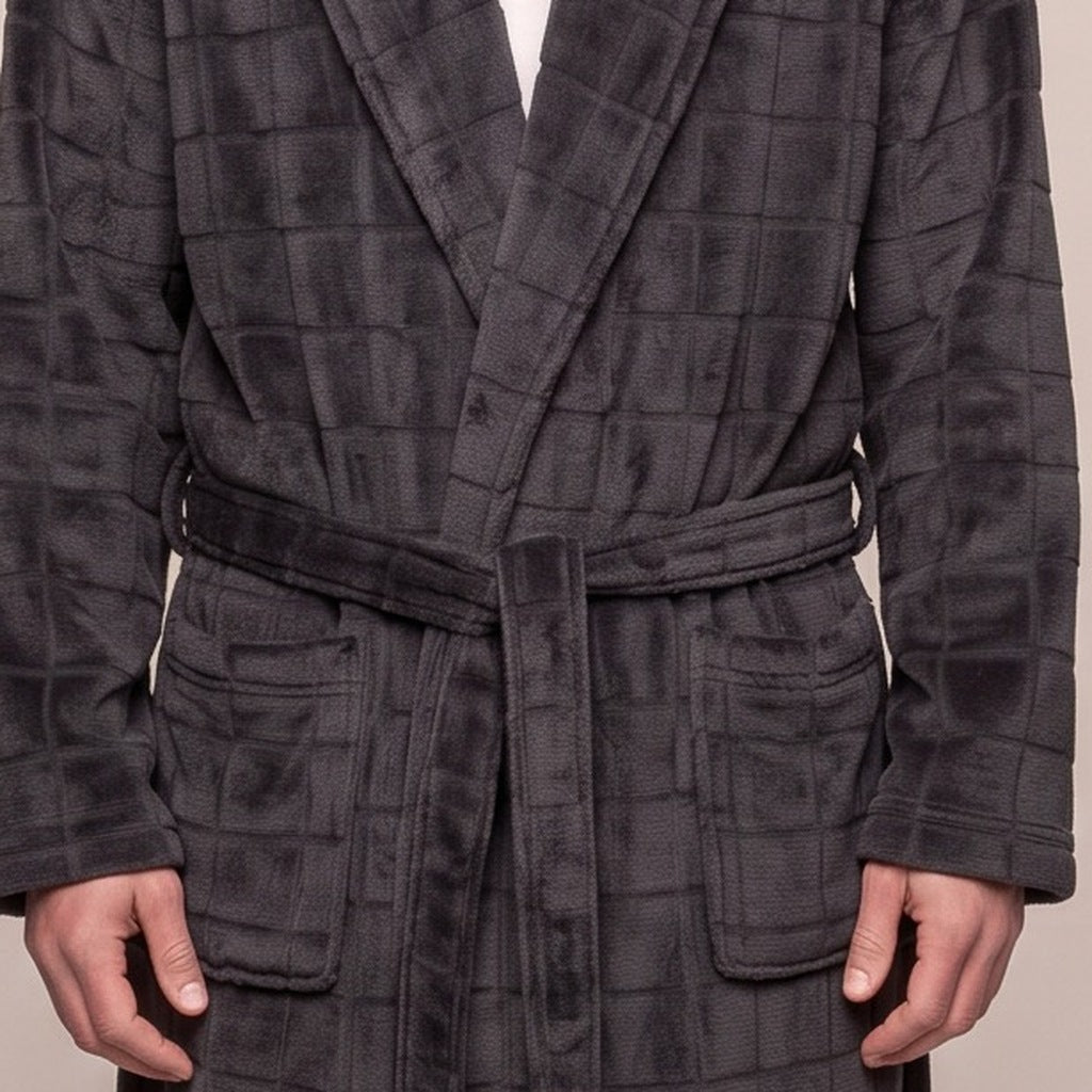 Geruite Fleece Badjas Heren | Lang | Donkergrijs