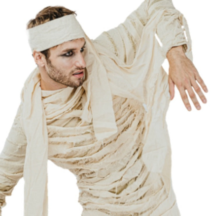 Mummie Kostuum Heren | Jumpsuit | Rafelige Stroken | Hoofdband