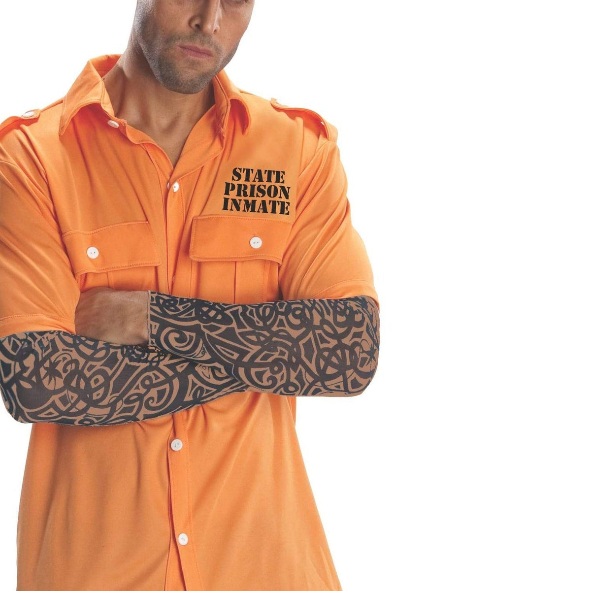 Gevangene Kostuum Heren | Oranje Shirt | Tattoo Mouwen