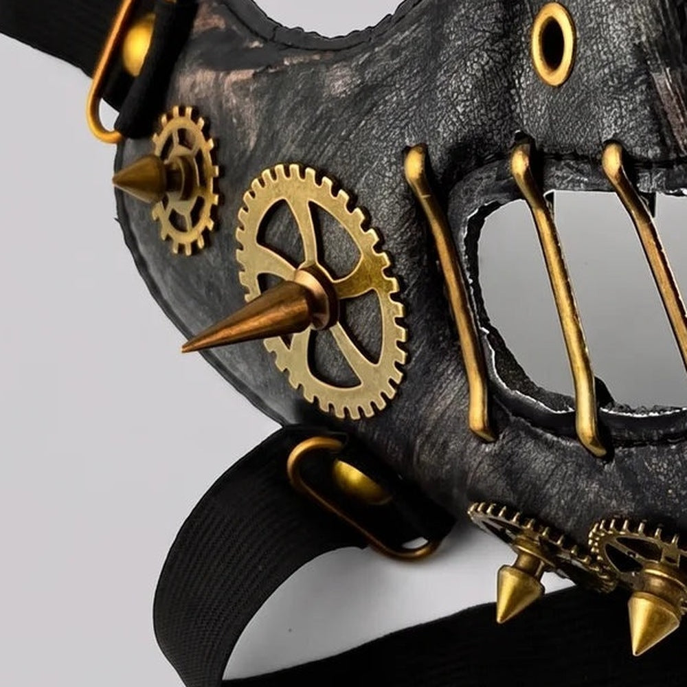 Steampunk Halfmasker | Tandwielen | Spikes | Klinknagels | Zwart Goud