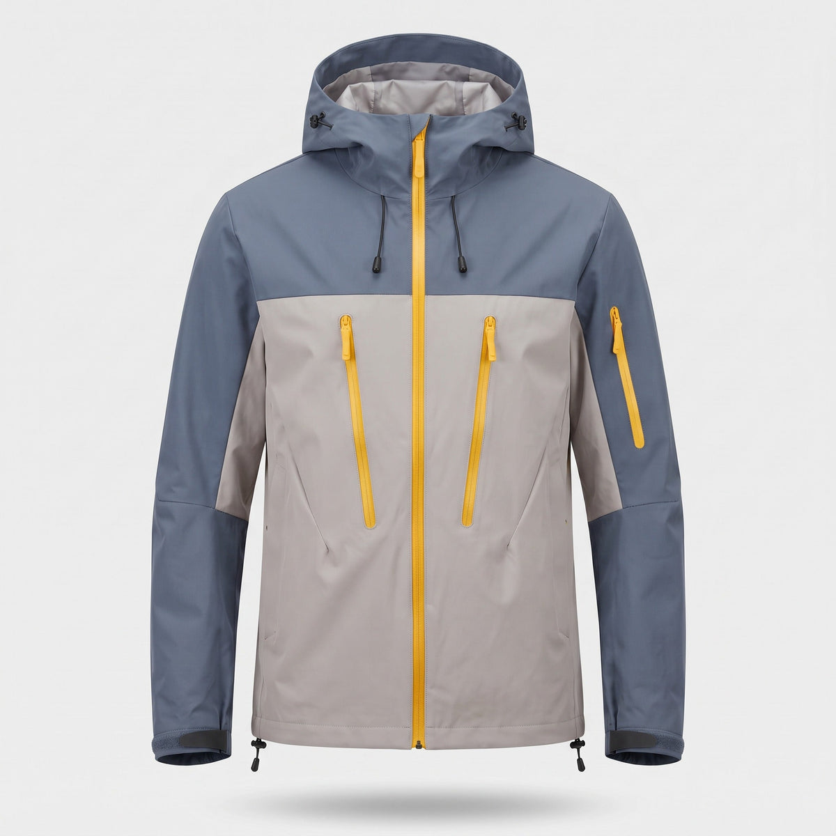 Grijs en blauw regenjas met capuchon en gele ritsen, uitgelicht | Boutique Moda